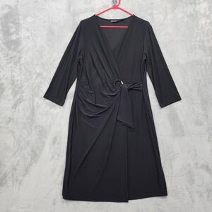 Vintage Nina Leonard Dress Women L Black 3/4 Sleeve Ring Tie Wrap Stretch Jersey